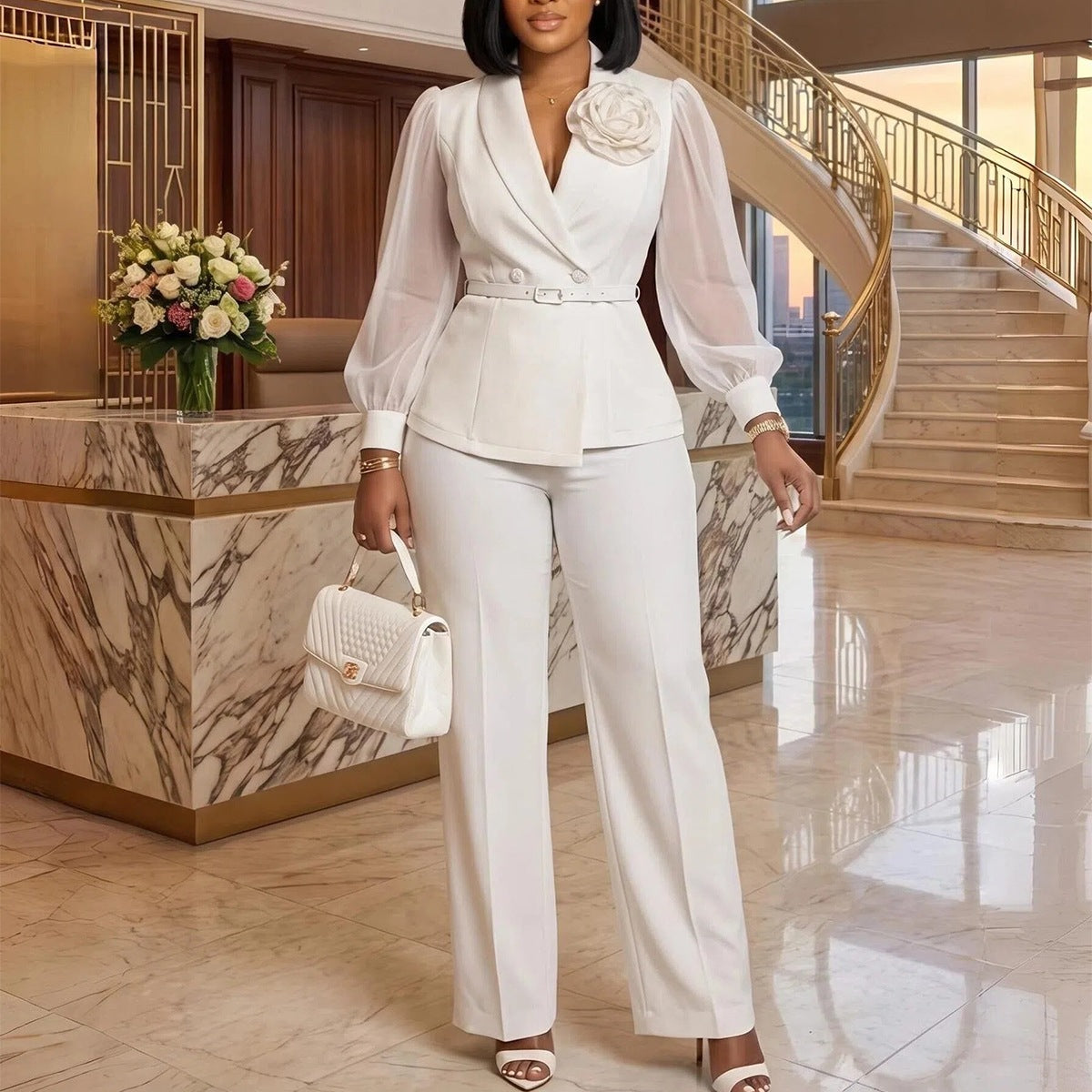 Plus Size Mesh Long Sleeve 2 Piece Pants Set GMLF 3383