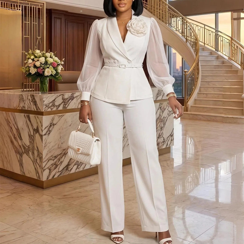 Plus Size Mesh Long Sleeve 2 Piece Pants Set GMLF 3383