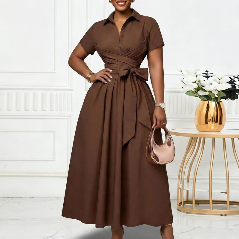 Plus Size Lapel Short Sleeve Tie Up Midi Dress GCZF 8662
