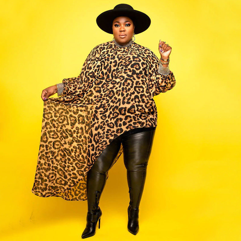Plus Size Print Irregular Long Sleeve Long Dress NNWF 7084