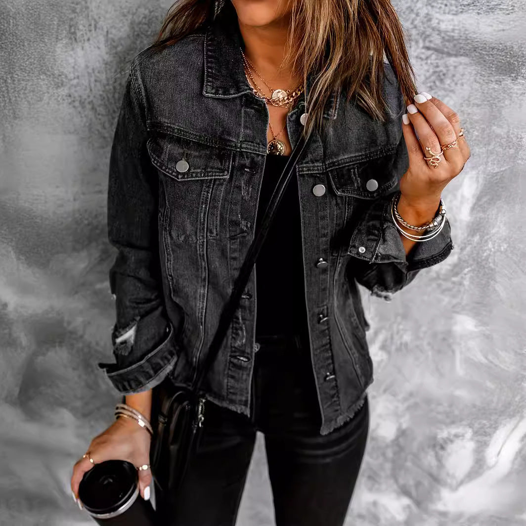 Fashion Holes Lapel Denim Jacket GKNF TSX 022