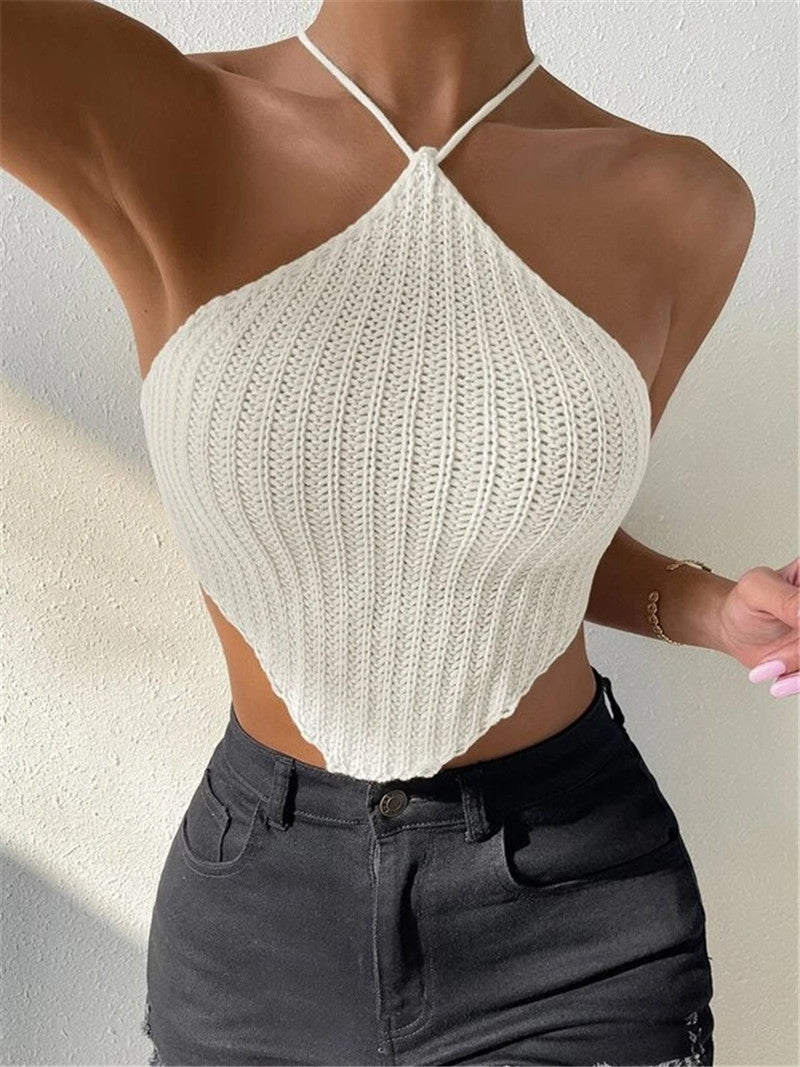 Tie Up Halterneck Backless Knits Tank Tops GZYF 1009