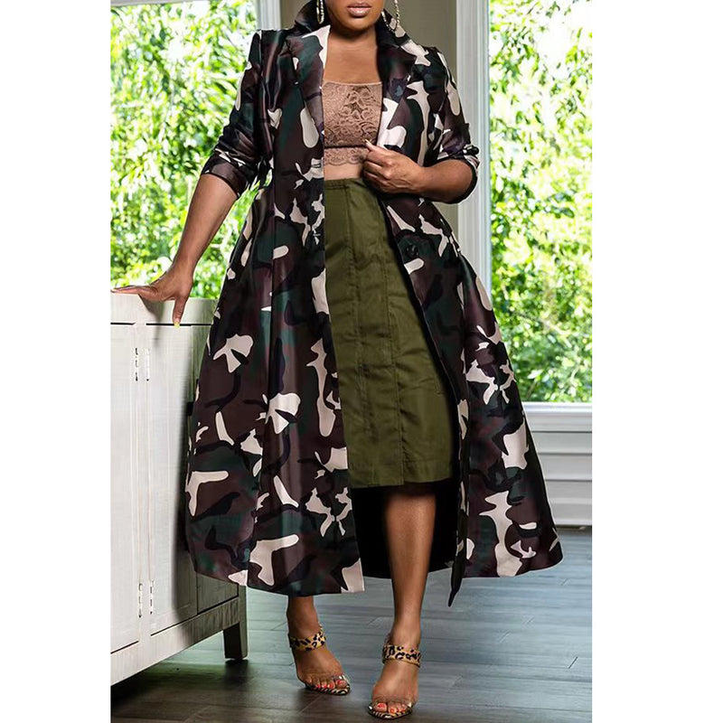 Plus Size Camouflage Print Long Jacket Trench Coat QYXZ 9144