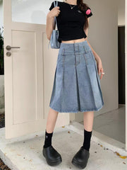 Washed Denim Pleated Mid length Skirt GMWF 55698