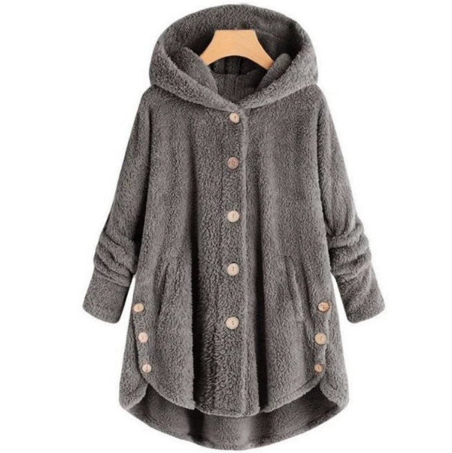 Plus Size Button Up Hooded Plush Solid Color Jacket GXHF 885236