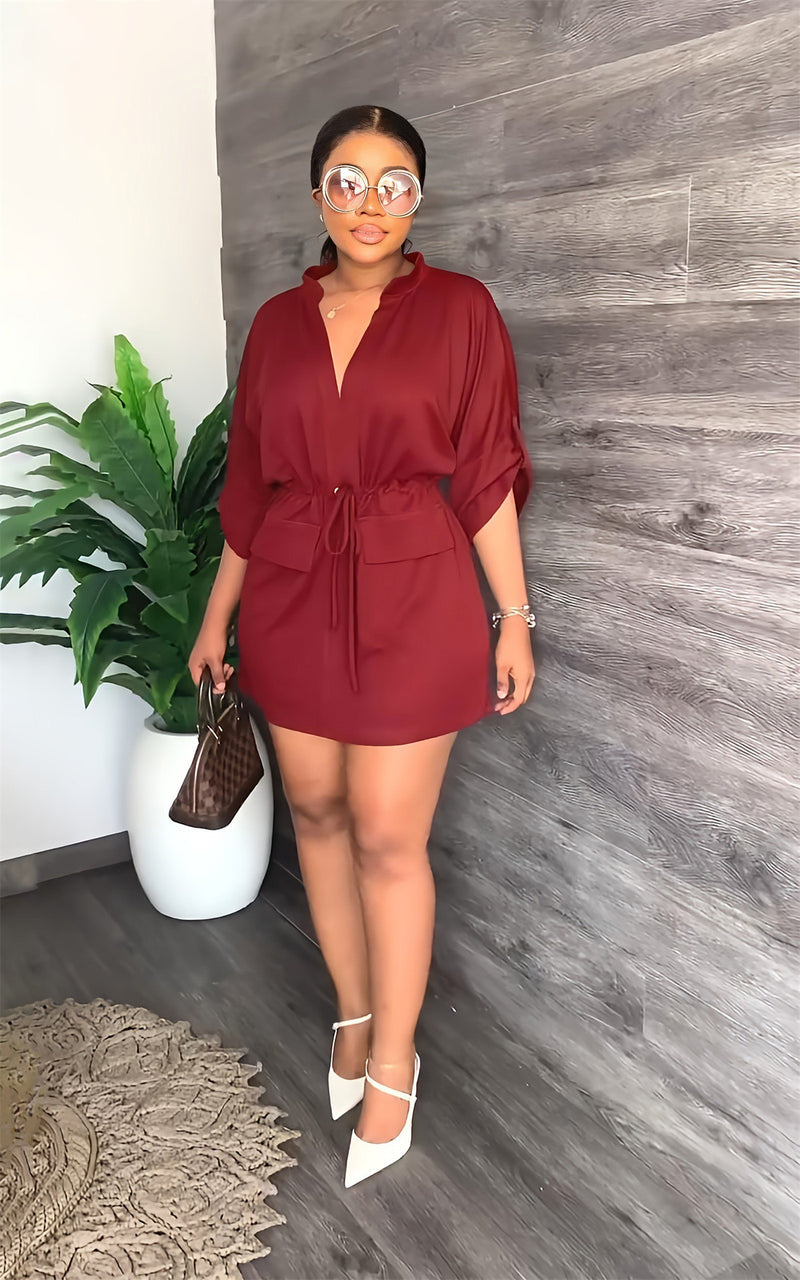 Loose V Neck Tie Up Mini Dress GADE 2546