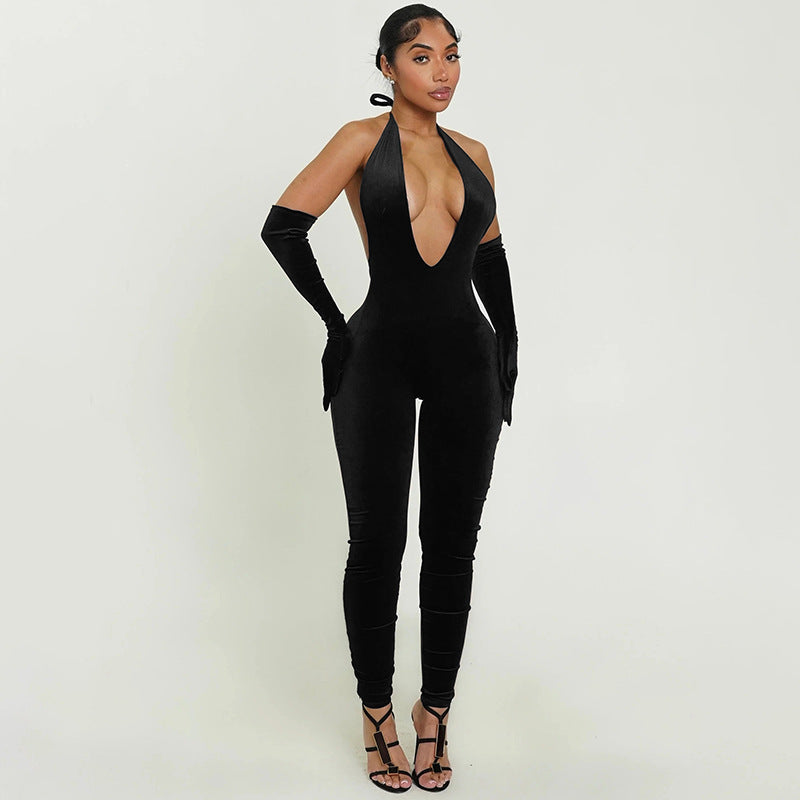 Halterneck Tie Up Backless Slim Jumpsuit MXBF J25JP466
