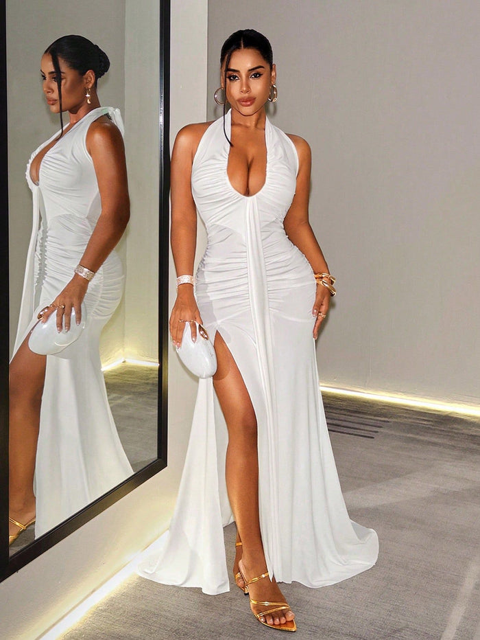 Deep V Neck Backless Split Maxi Dress GHYX TXY5487