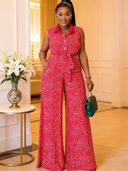 Polka Dot Print Sleeveless Tie Up Jumpsuit QMZF 11221
