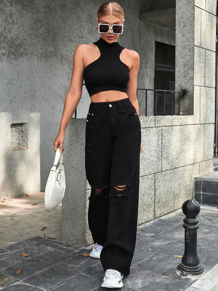 Fashion Holes High Waist Wide Leg Jeans GYXN 10193