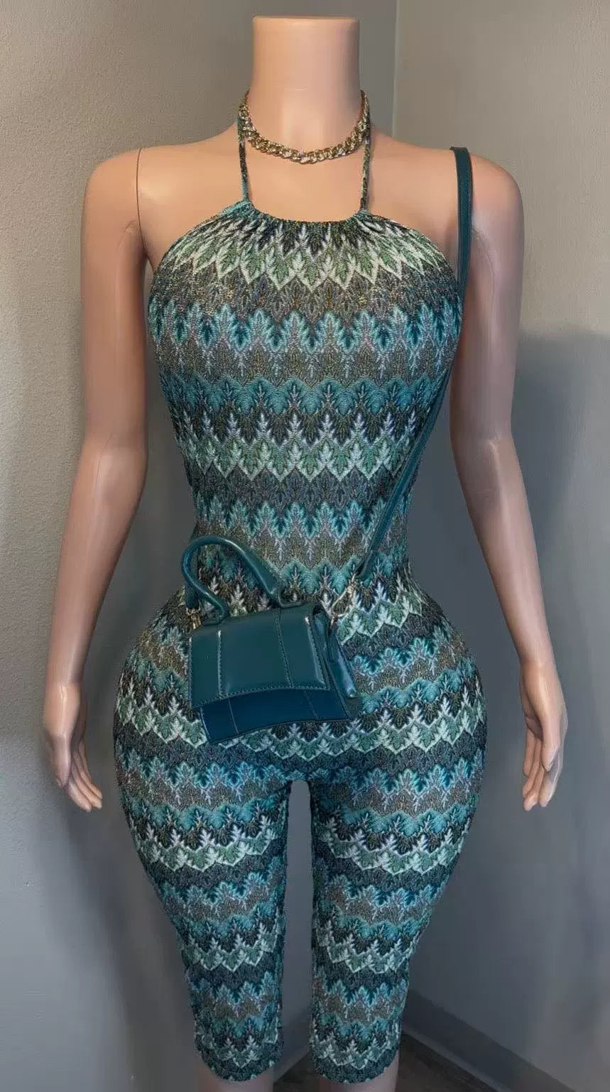 Print Halterneck Backless Slim Seventh Jumpsuit YMEF 59055