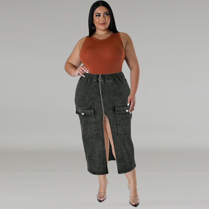Plus Size Fashion Denim Zipper Long Skirt GDAM 218631