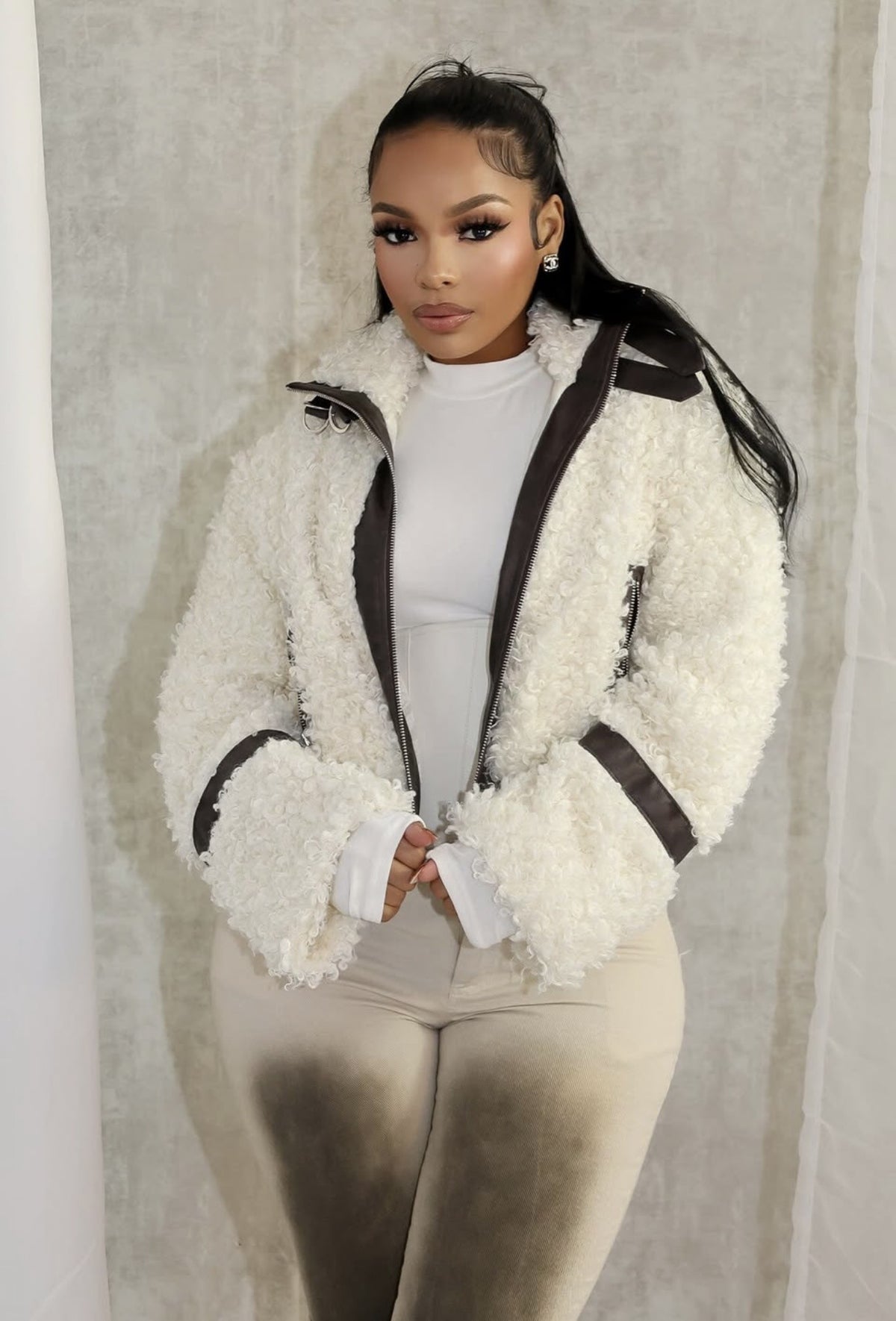 Faux Fur Collar Patchwork Leather Jacket with Lining YMEF 58015