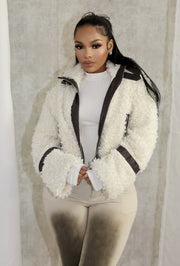 Faux Fur Collar Patchwork Leather Jacket with Lining YMEF 58015