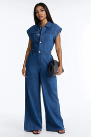 Short Sleeve Single Breasted Button Denim Jumpsuit LX 3590