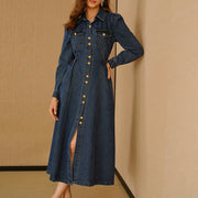 Long Sleeve Lapel Denim Maxi Dress GDAM 218785