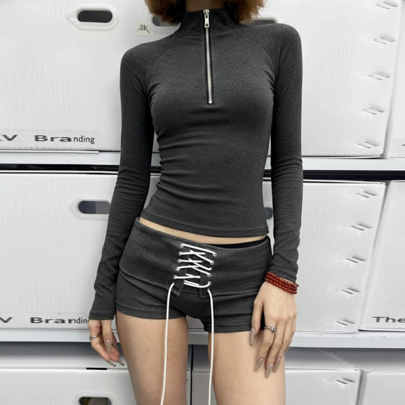 Casual Sports Long Sleeve Top Low Rise Tie Waist Shorts GWEN JMKT46586
