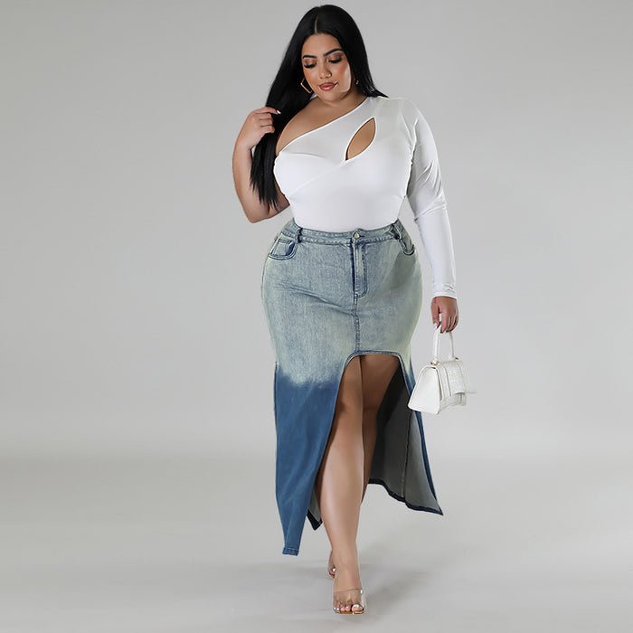 Plus Size Denim Woven Gradient Split Half Body Skirt GDAM 8011