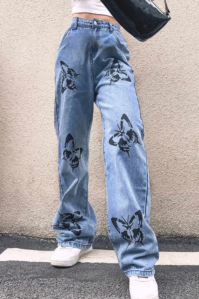 Butterfly Print Fashion Straight Jeans GQLF FF58712