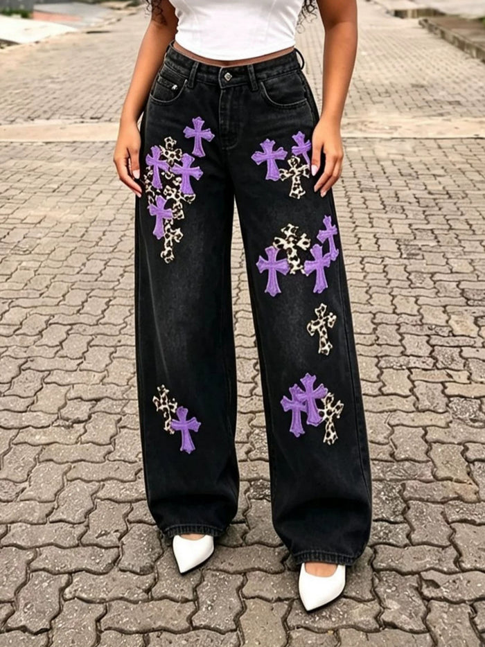 Plus Size Contrast Color Leopard Straight Jeans GYLN 8551