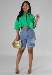 Solid Color 3 4 Sleeve Short Shirt XHXF 962
