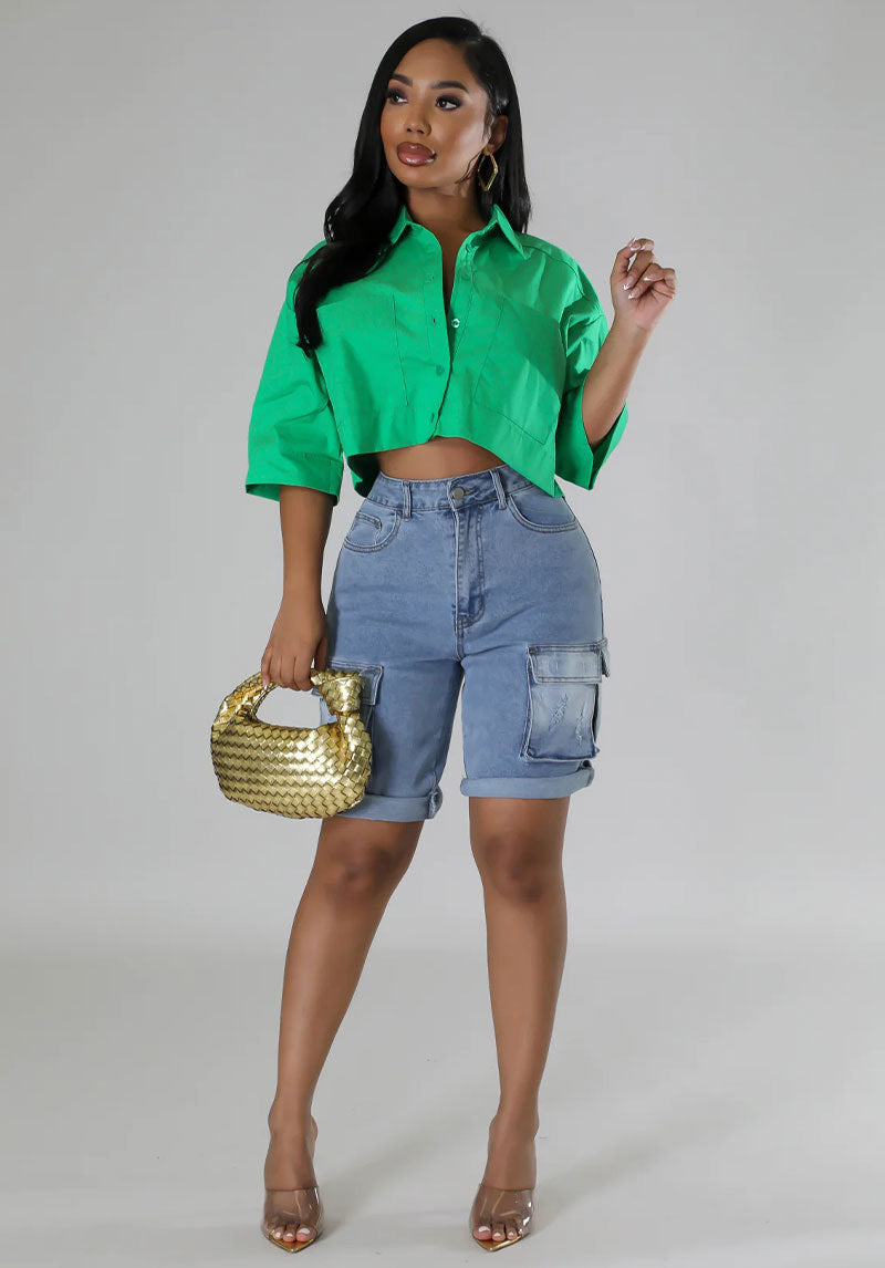 Solid Color 3 4 Sleeve Short Shirt XHXF 962