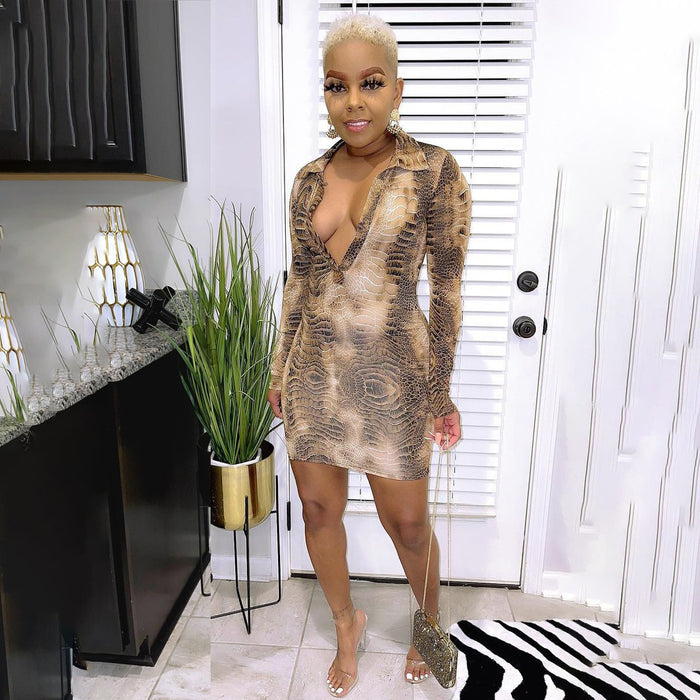 Snake Skin Print Deep V Neck Long Sleeve Bodycon Dress HMS 5522