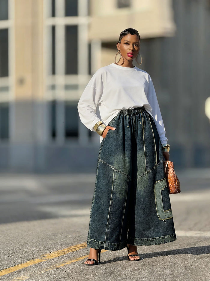 Plus Size Retro Patchwork Wide Leg Jeans GYLN 2532