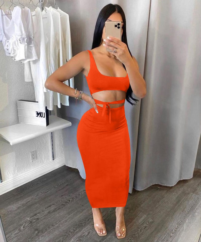 Solid Color Sling Vest And Tie Up Long Skirt 2 Piece Set BGN 161