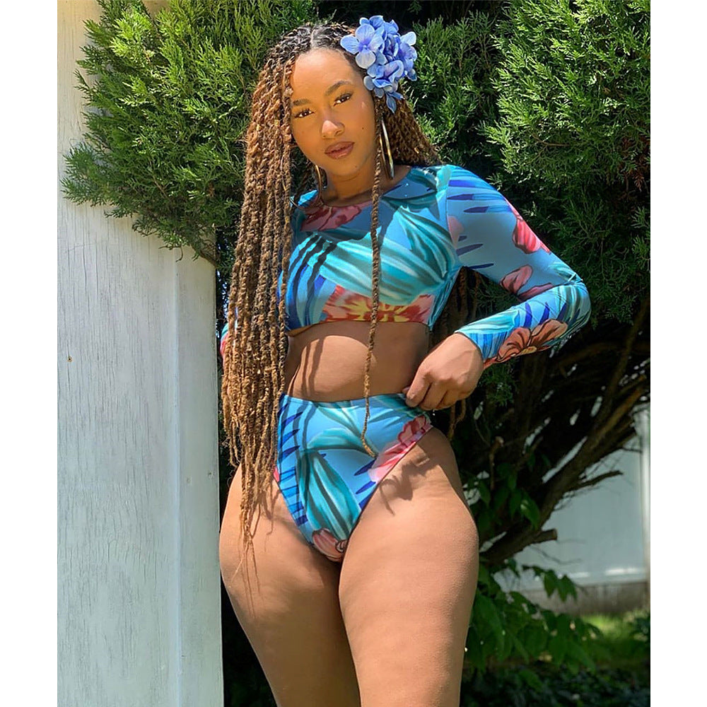 Floral Print Swimsuits 2pcs Long Sleeve Bikinis Set ASL 6178