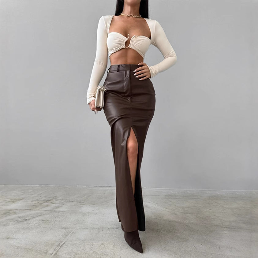 Solid Color High Waist Split PU Long Skirt GPBY 16562