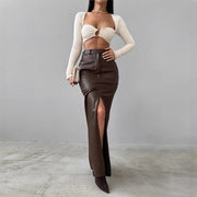 Solid Color High Waist Split PU Long Skirt GPBY 16562