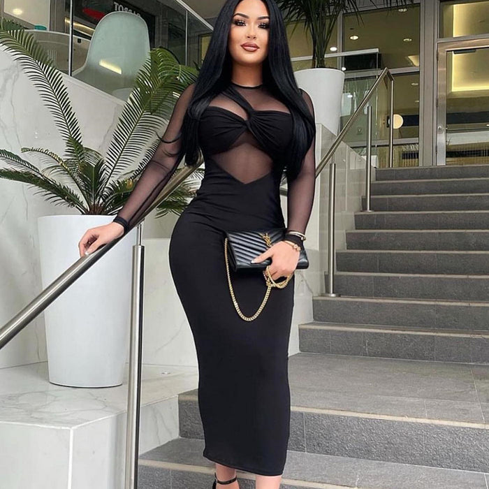 Mesh Patchwork Long Sleeve Bodycon Dress GJYO 297666