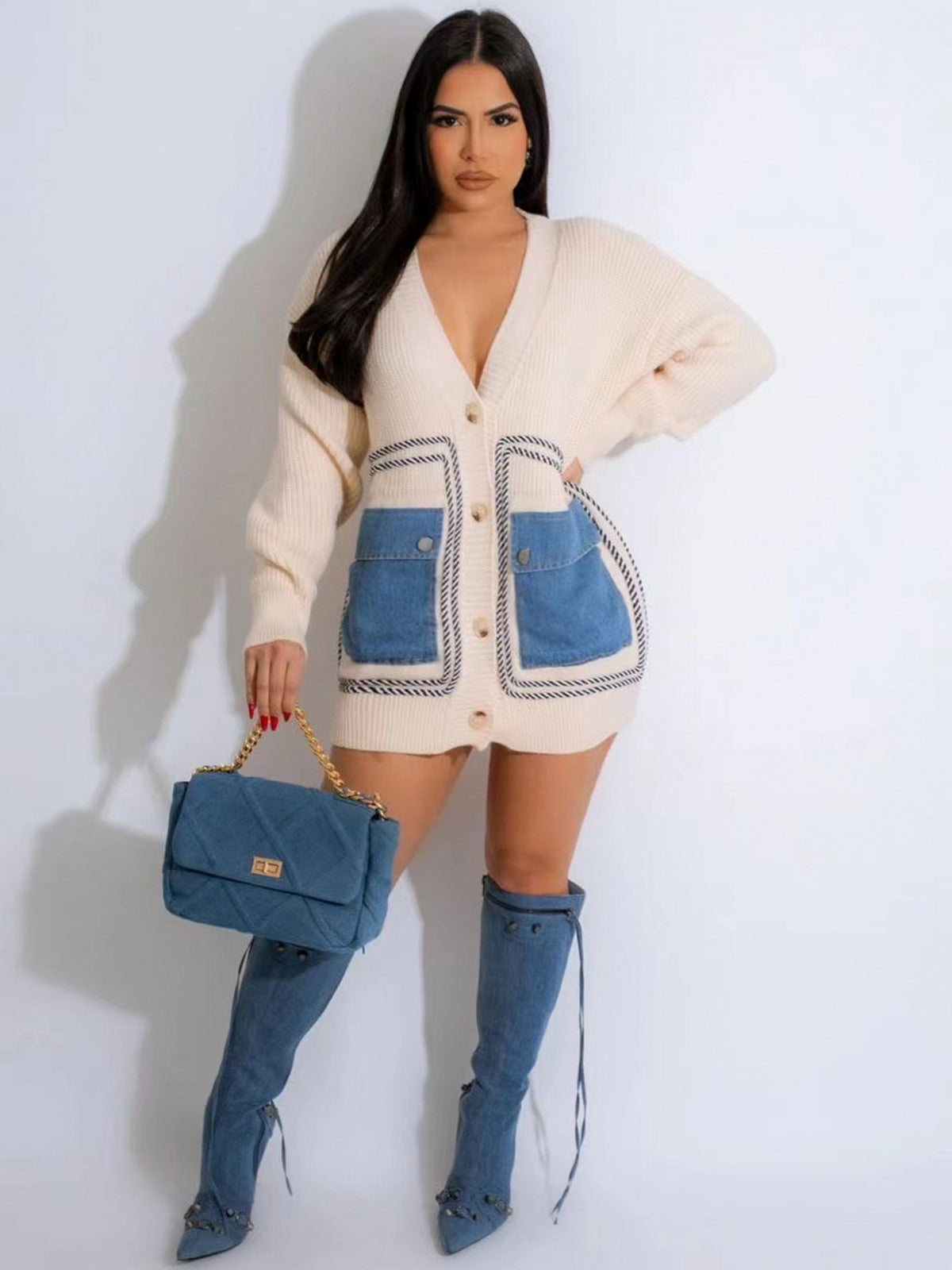 Patchwork Denim Single breasted Loose Sweater OD 8707