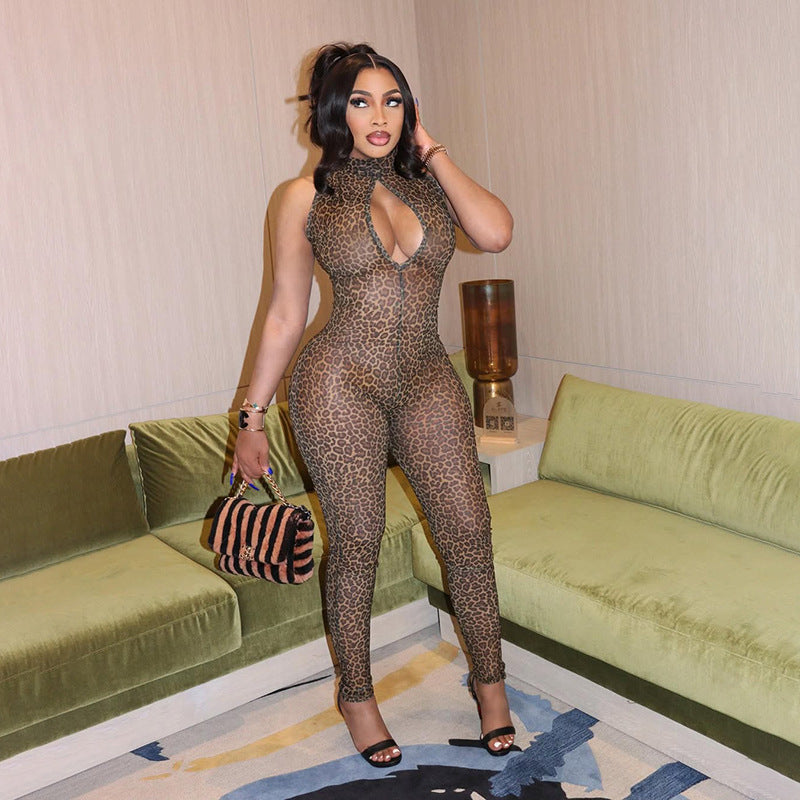 Leopard Mesh Hollow Out Tight Jumpsuit SHD 9752