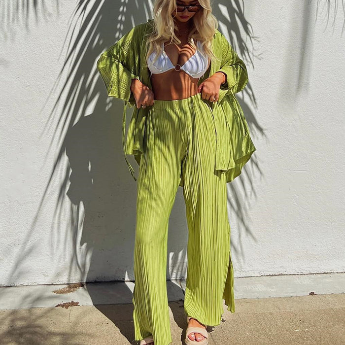 Solid Color Long Sleeve Split Shirt Pants Two Piece Set GYSM W0513