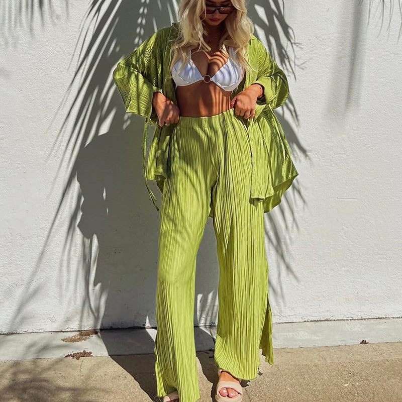 Solid Color Long Sleeve Split Shirt Pants Two Piece Set GYSM W0513