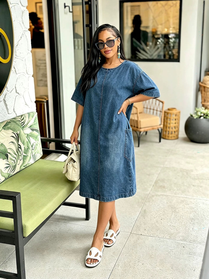 Plus Size Half Sleeve Loose Denim Midi Dress GYLN 6480