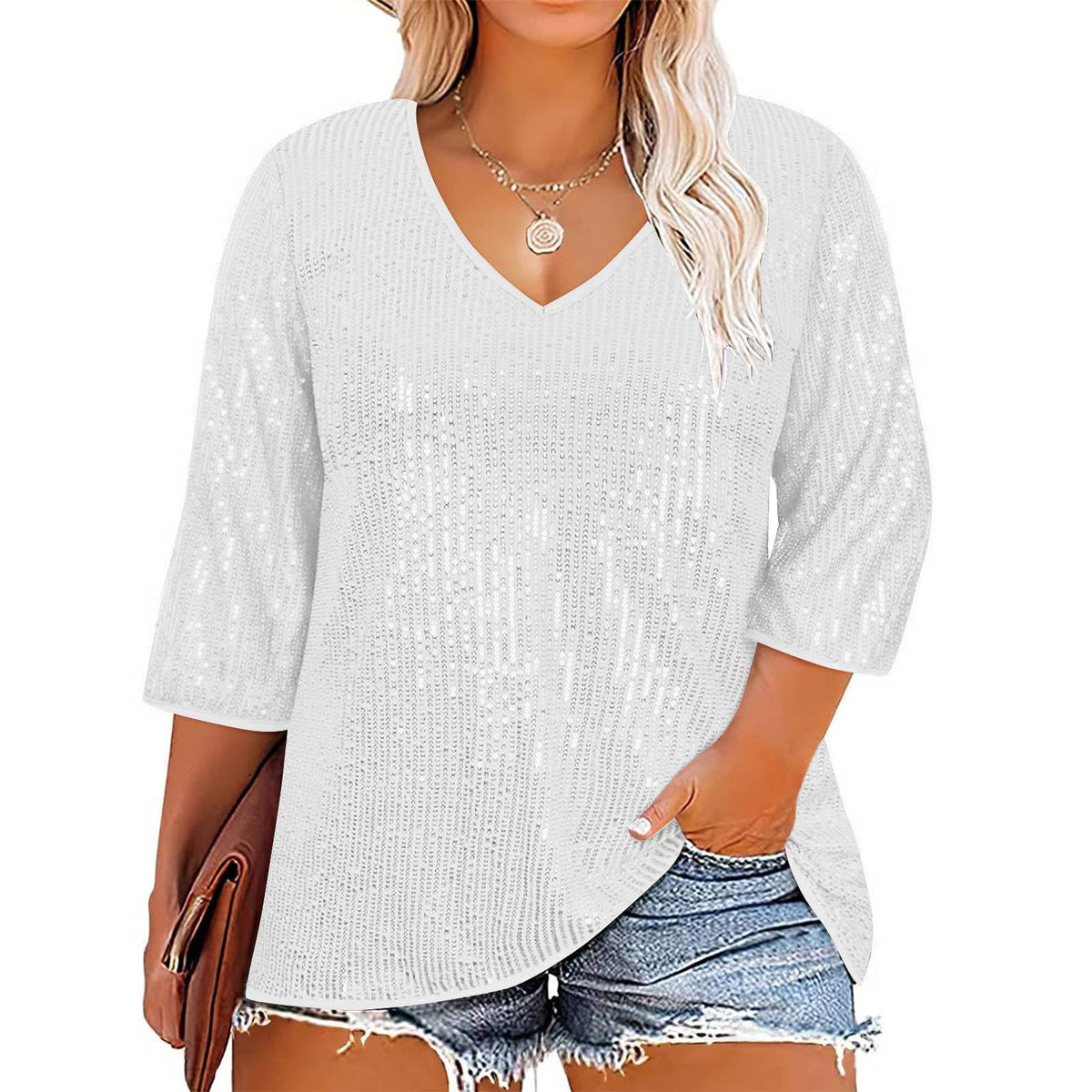 Plus Size Casual Sequin V Neck T Shirt GOSD 1554