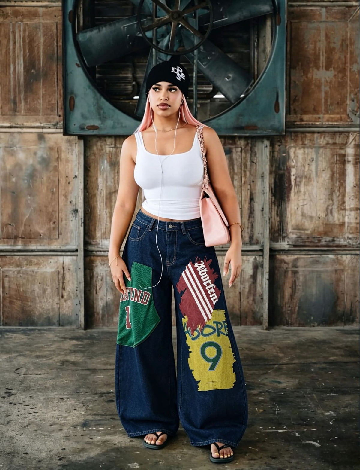 Plus Size Patchwork Graffiti And Print Loose Jeans GYLN 0824