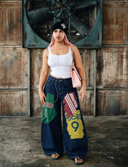Plus Size Patchwork Graffiti And Print Loose Jeans GYLN 0824