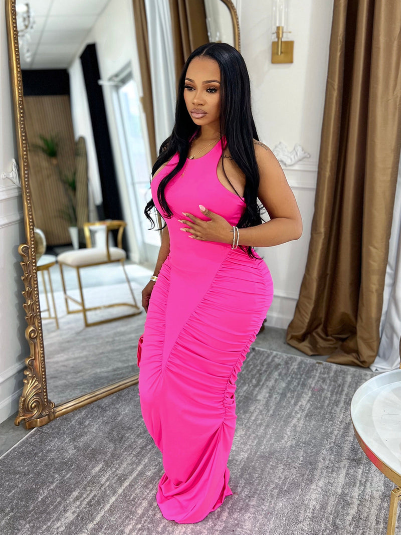 Sleeveless Solid Color Ruched Maxi Dress BMF 862
