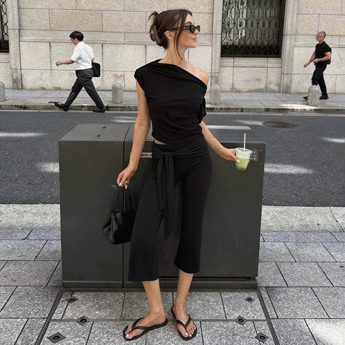 Solid Color Patchwork Micro Flare Seventh Pant GLAG P6121245F