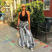 Plus Size Chain Letter Print Straight Jeans GYLN 3306
