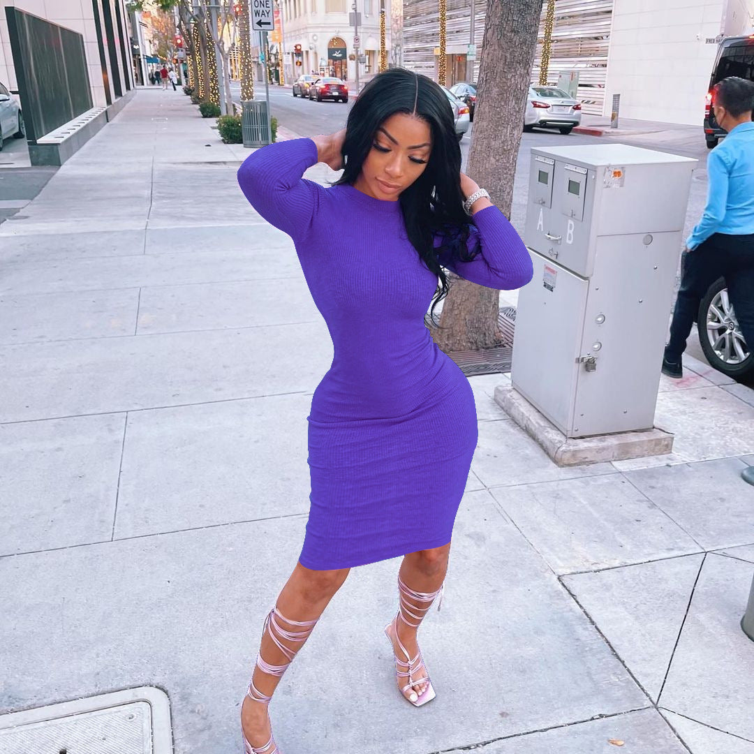 Solid Long Sleeve Bodycon Dress FOSF 8095