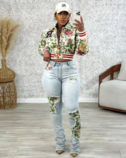 Plus Size Print Baseball Jacket Includes Lining TK 1496