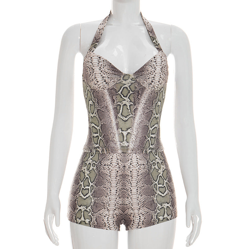 Snake Print Sleeveless Bodysuit 2 Piece Short Set GSZM C26ST073
