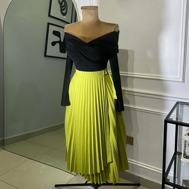 Tie Up Irregular Pleated Long Skirt GCNE 7517