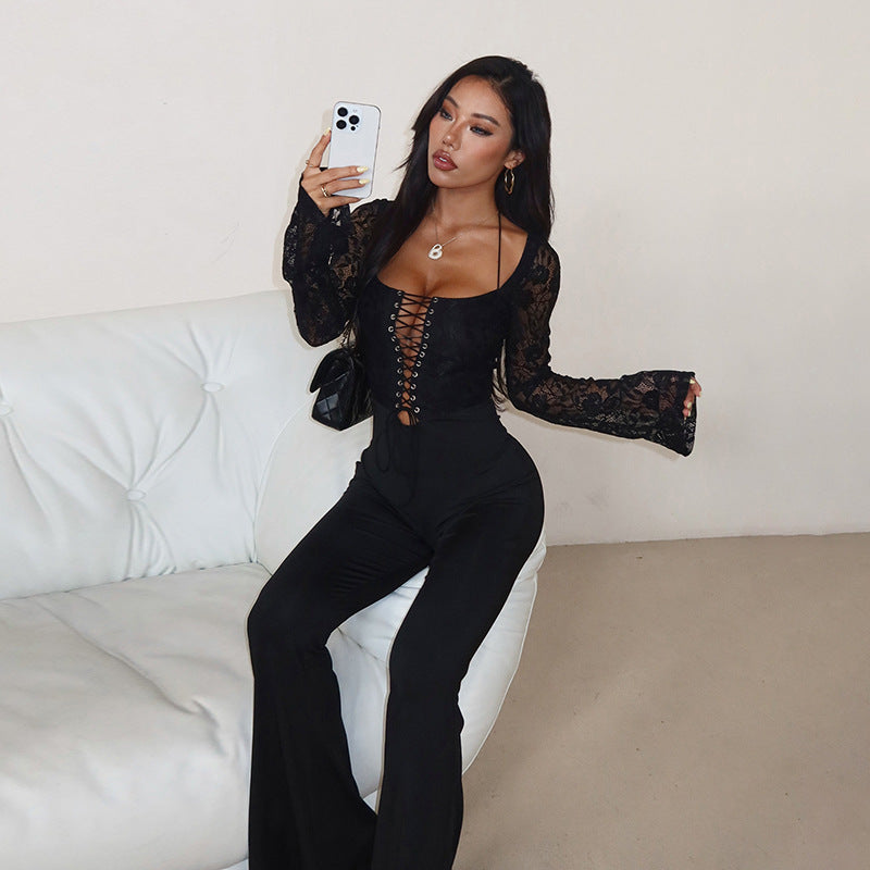 Lace Patchwork Long Sleeve Jumpsuit FL YL25434MHO