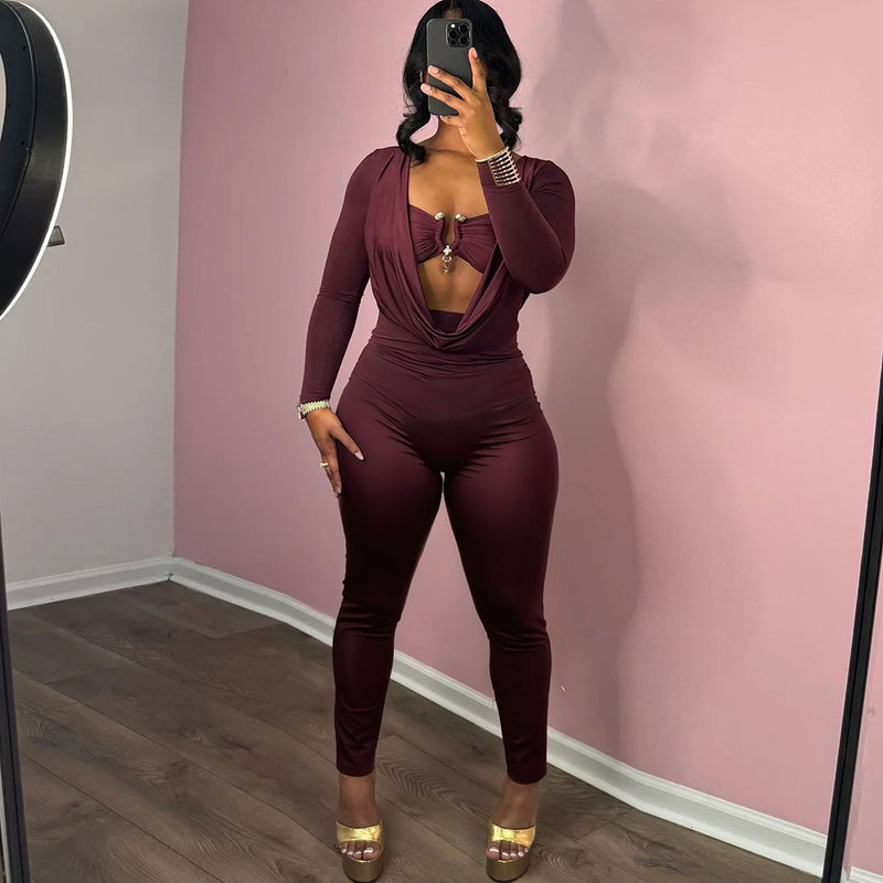Solid Color Wrap Chest Long Sleeve Jumpsuit XEF K25Q77505